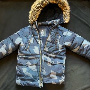 Puffer Jacket with Faux Fur Hood - Blue Camo